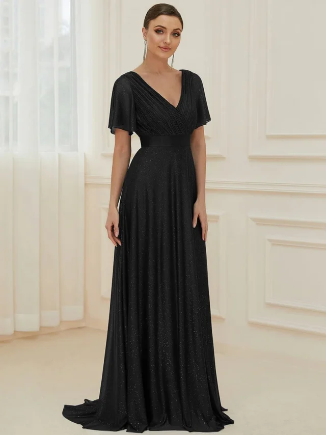Image From: ever-pretty.com - Sparkling Short Sleeve V-Neck Ribbon Waist A-Line Dress