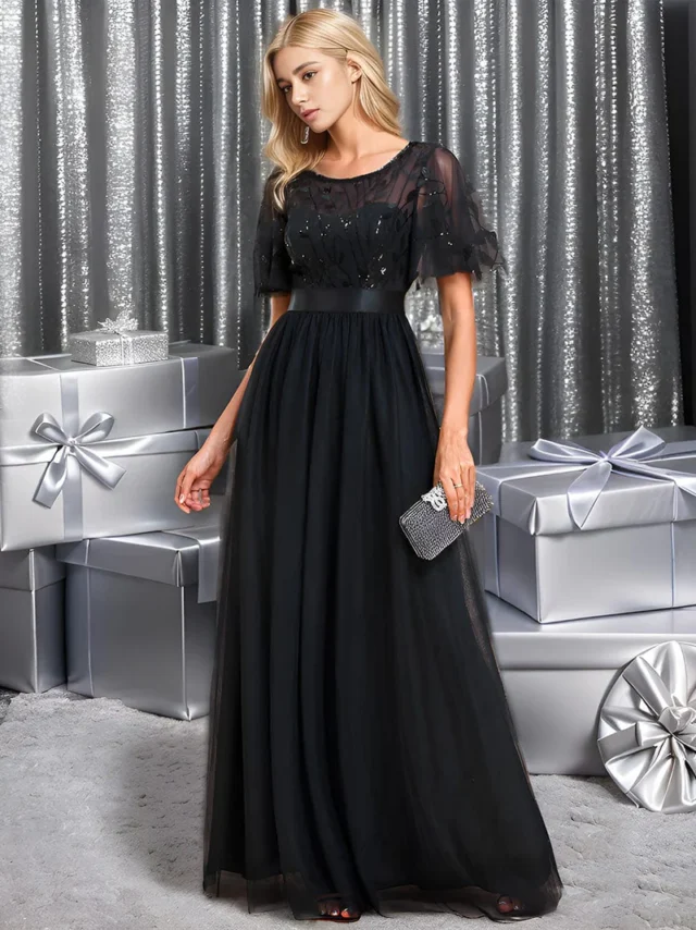  A-Line Sequen Leaf Maxi Prom Dress With Sleeves