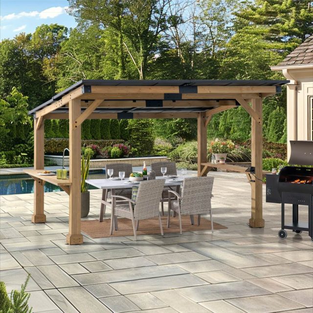 Image From: sunjoyshop.com - 10'x12' Wooden Frame - Hot Tub Grill Gazebo, Steel Roof, Power Port and Bar Shelves