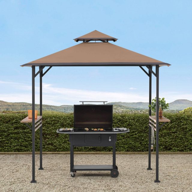 Image From: sunjoyshop.com - Soft Top Grill Gazebo / Steel / With Bar Shelves and Hooks - Khaki - 2 Tier 