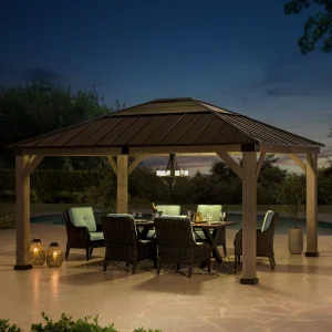 Image from sunjoy.com - Wooden Frame Gazebo Grill With Hip Roof And Ceiling Hook 13x15